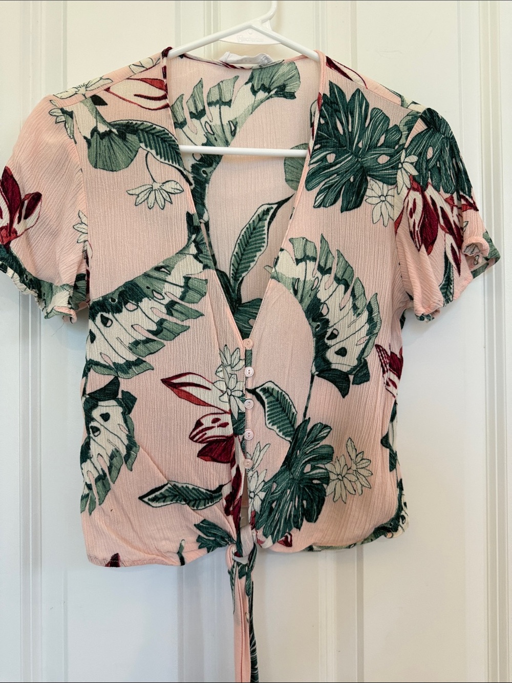 3/$30 Pink Tropical Tie-Front Button Blouse